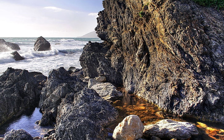 brown rocks, surf, sea, coast, nature, rock - Object, coastline, HD wallpaper