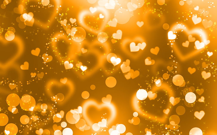 orange hearts wallpaper, glare, lights, glitter, gold, backgrounds, HD wallpaper
