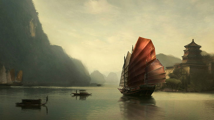 China, sailing ship, reflection, castle, mountains, artwork