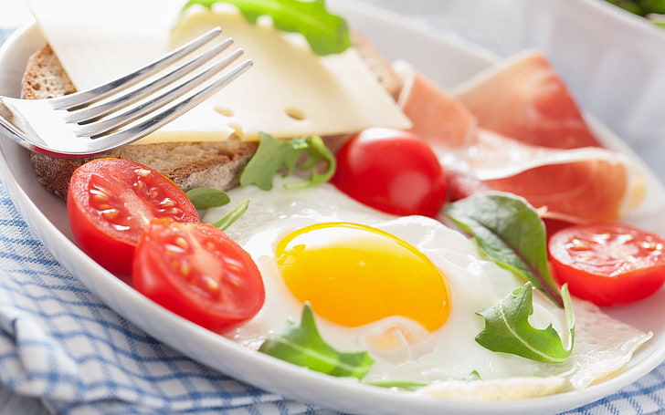 food, fork, tomatoes, eggs, cheese, bread, food and drink, vegetable