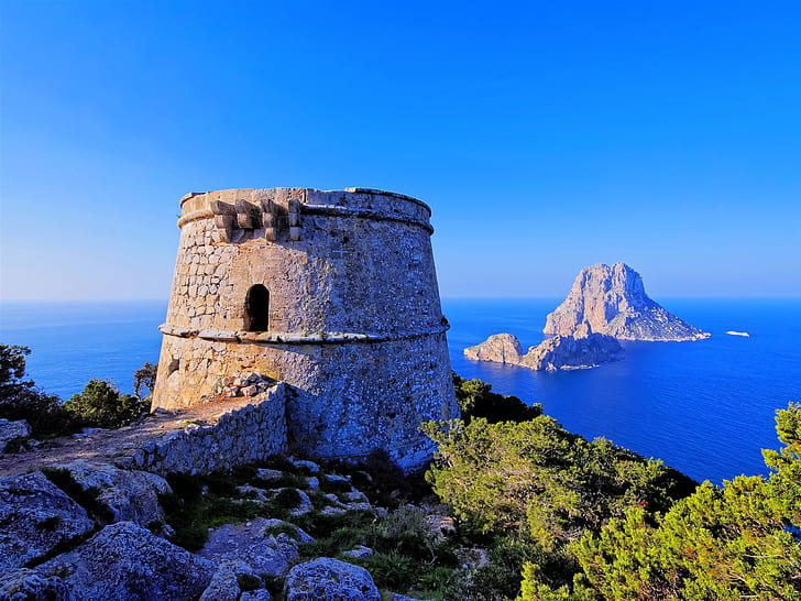 Ibiza, Balearic Islands, Spain, rock, tower, fortress, sea, blue sky, HD wallpaper