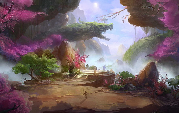 dragon and garden illustartion, trees, landscape, mountains, rocks, HD wallpaper