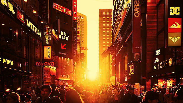 seoul pedestrian sunset city south korea street orange sunlight, HD wallpaper