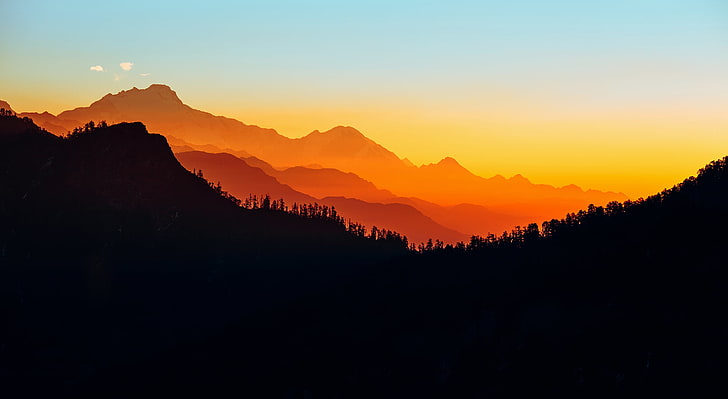 silhouette of mountain range, mountains, Nepal, sunset, landscape
