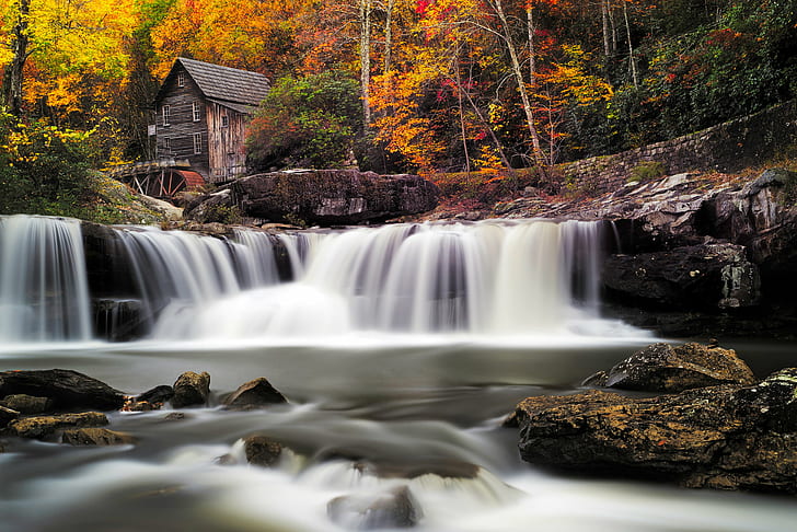 timelapse photography of waterfalls near brown wooden house, Grist Mill, HD wallpaper