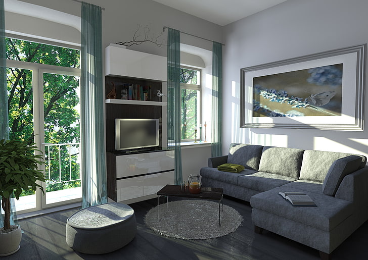 gray fabric sectional sofa, interior, design, style, home, domestic Room, HD wallpaper