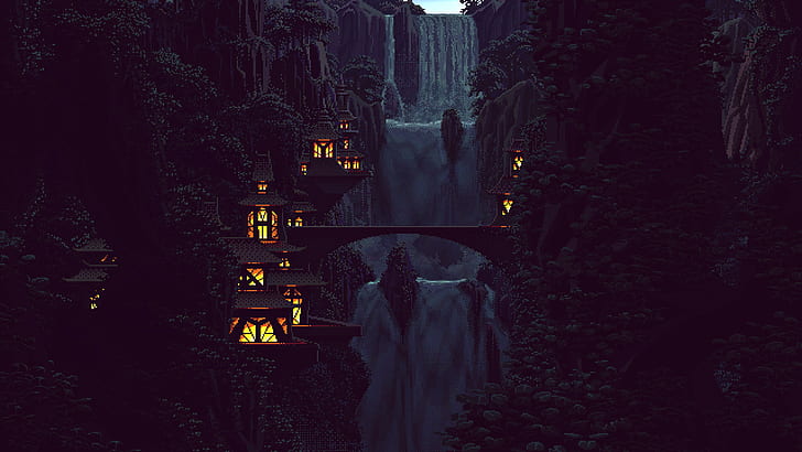 mountains, 8-bit, pixels, Chinese architecture, forest, nature