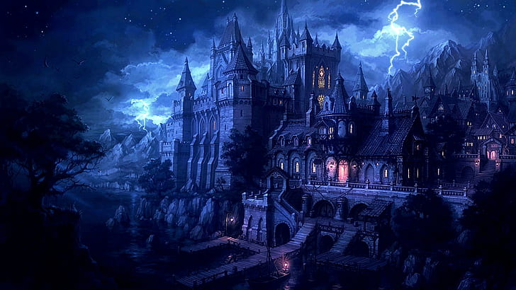 Thunder Lightning, castle, color, beautiful, dark, colors, ship, HD wallpaper