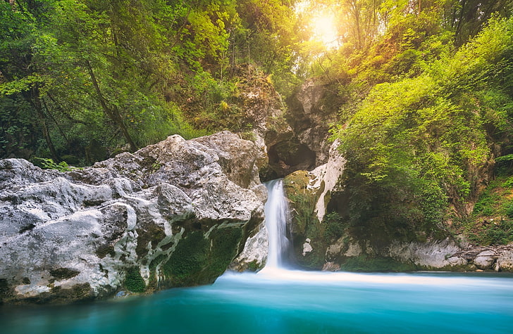 Hidden Lagoon, time-lapse photography of waterfalls, Nature, Blue