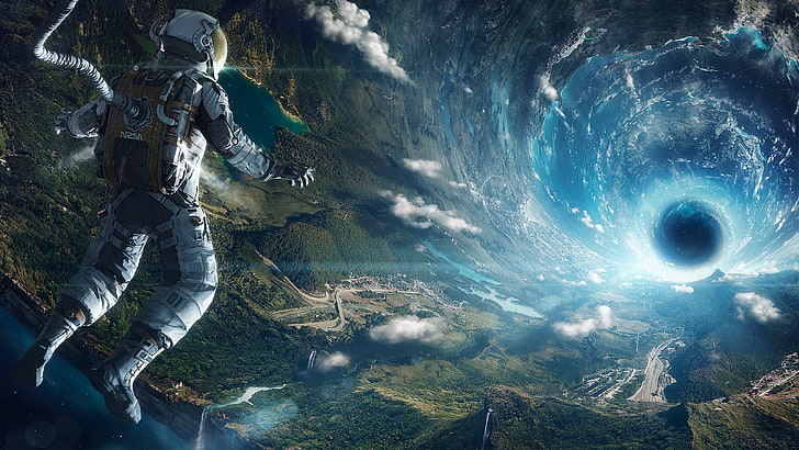 astronaut digital wallpaper, astronaut in front black hole, artificial gravity