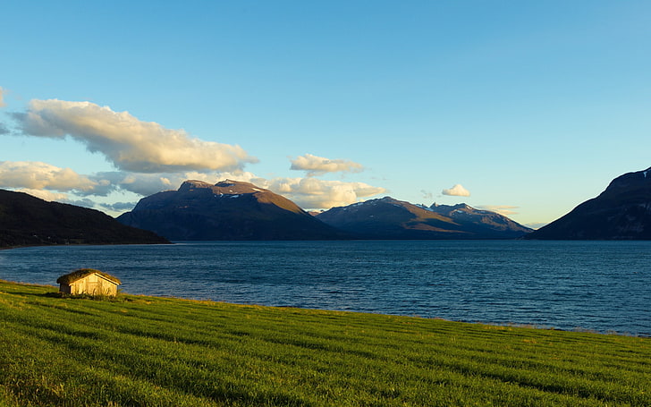 nature, landscape, hills, Norway, sea, mountains, house, clouds
