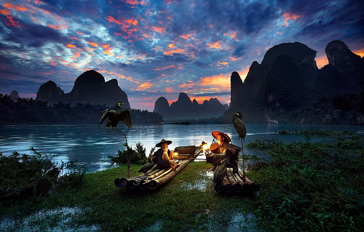 men, nature, river, birds, Asian, mountains, China, fantasy art