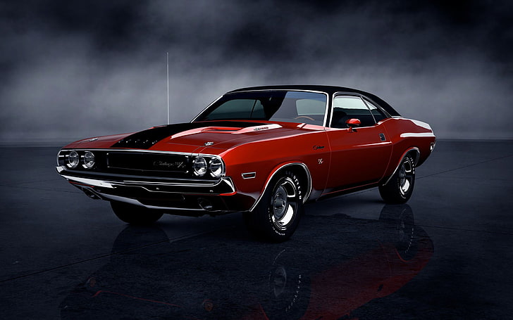 red muscle car, smoke, dodge, turismo 5, Gran, challenger r t