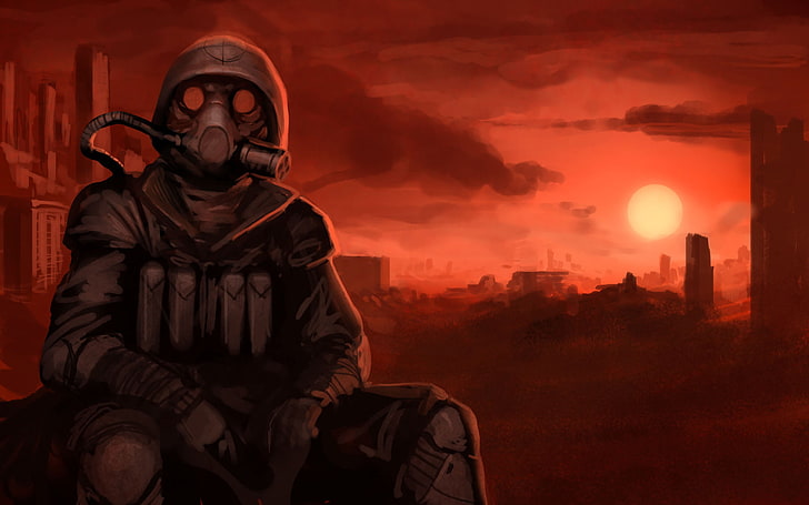 sitting character wearing mask wallpaper, sunset, Apocalypse, HD wallpaper