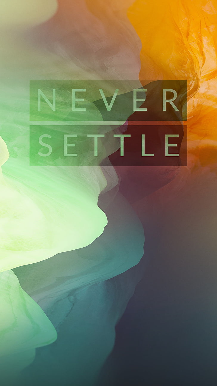 green and orange background with never settle text overlay, typography