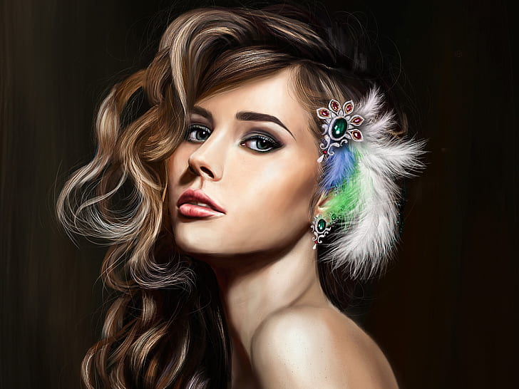 Art fantasy girl, beautiful face, makeup, hair, feathers, jewelry, white, purple, and green hair pin