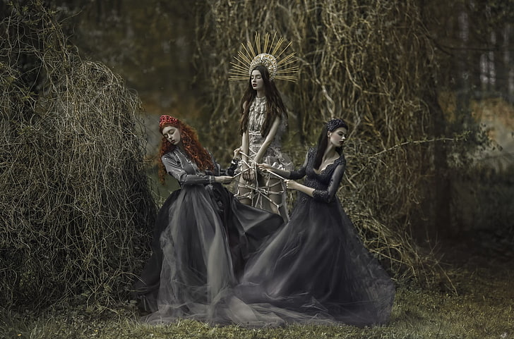 illustration of three women, fantasy art, A. M. Lorek, human representation