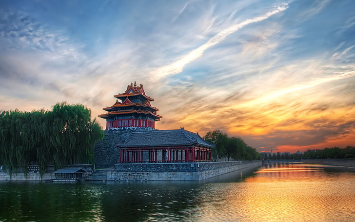 red and brown pagoda, beijing, china, structure, sky, clouds, HD wallpaper