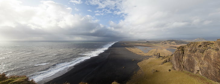seashore and brown rocks, Playas, Vík  í  Mýrdal, iceland, HD wallpaper