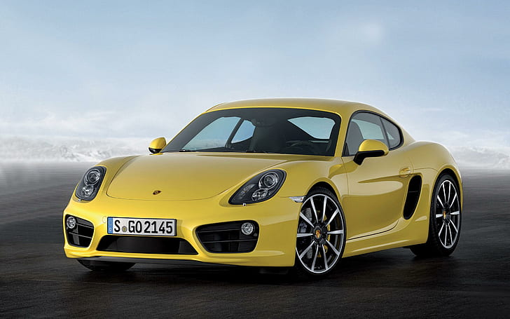 Porsche Cayman S 2014, yellow porsche sports coupe, cars