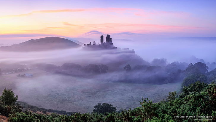 Corfe Castle on a Misty Morning, England, Architecture, HD wallpaper