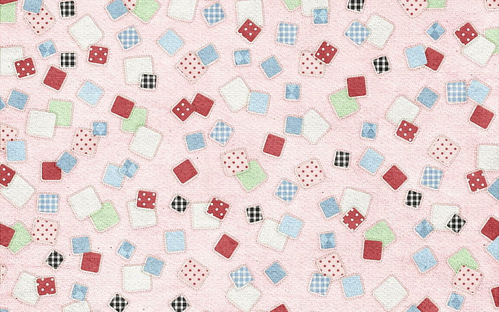 Fabric patches, blue white red and pink heart print textile, abstract