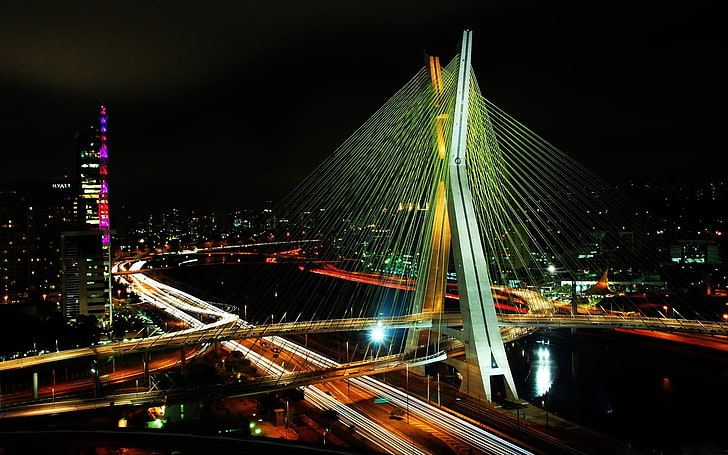 Ponte Estaiada, white cable-stayed bridge, Cityscapes, night, HD wallpaper