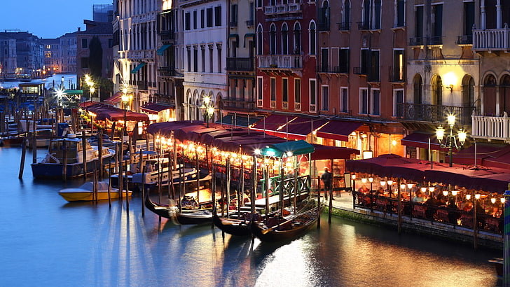 brown floating restaurant, Italy, Venice, lights, city, night, HD wallpaper
