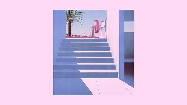 Retrowave, vaporwave, 80s, pink, palm trees, stairs, HD wallpaper