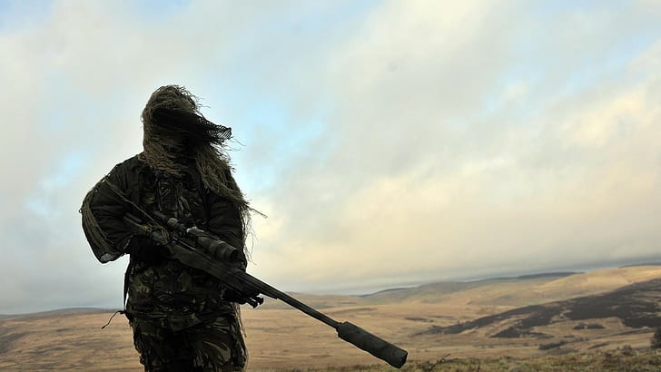 military soldier snipers ghillie suit, armed forces, sky, weapon