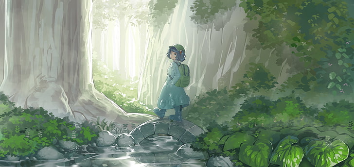 kawashiro nitori, walking, forest, plants, tree, touhou, Anime