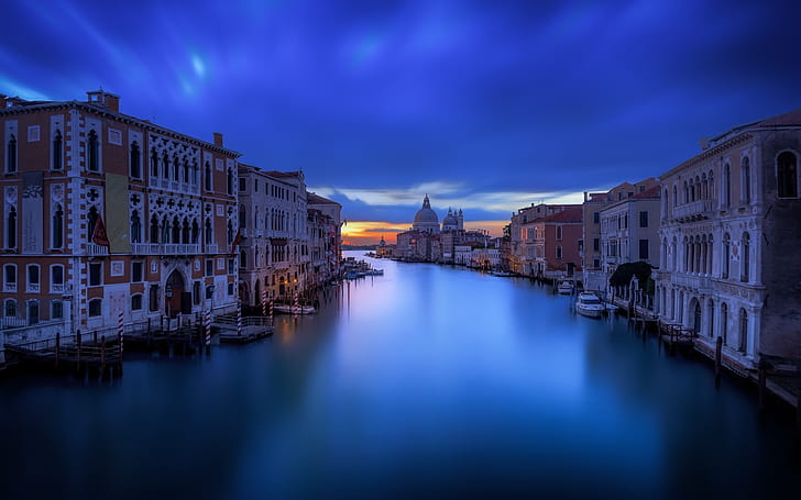 Venice city at night, houses, canal, calm water