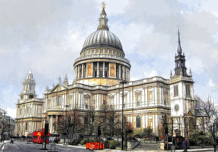 the city, paint, figure, England, London, St. Paul's Cathedral, HD wallpaper
