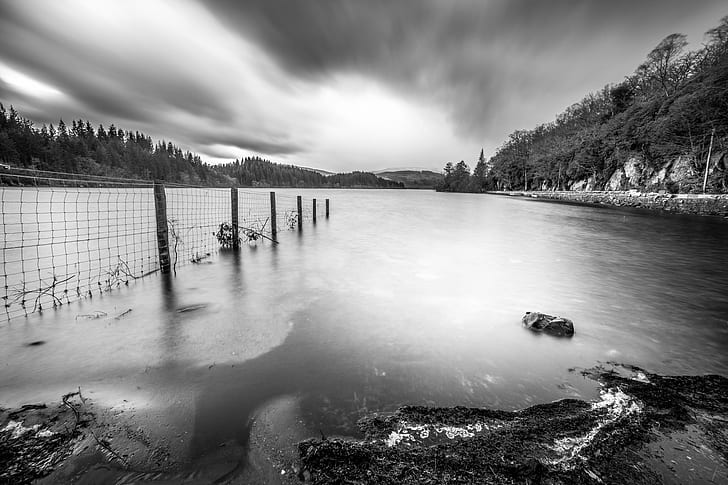 black and white photography of calm body of water, loch ard, aberfoyle, scotland, united kingdom, loch ard, aberfoyle, scotland, united kingdom, HD wallpaper