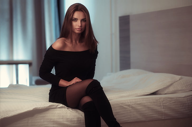 women's black off-shoulder dress, sitting, portrait, bed, black dress, HD wallpaper