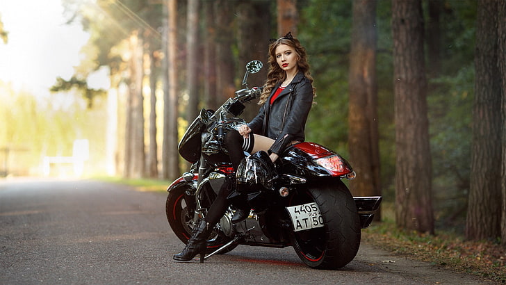 black and red cruiser motorcycle, women, model, outdoors, brunette