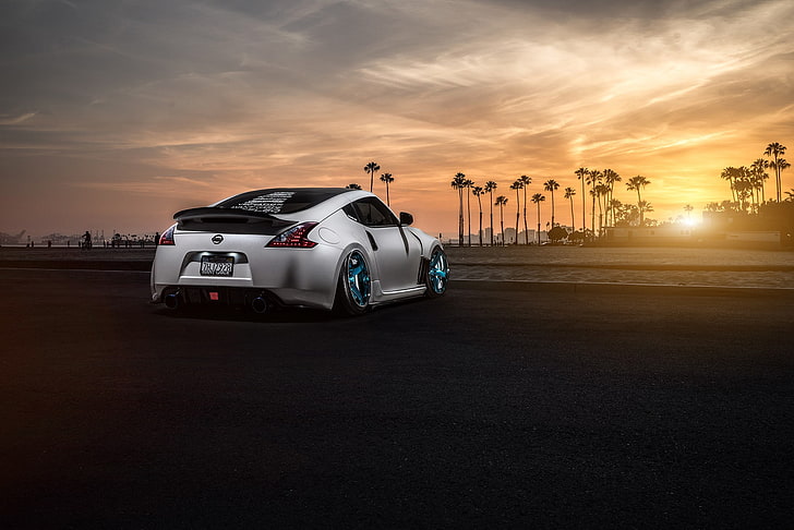 white and black car, Nissan, 370Z, Stance, sunlight, palm trees