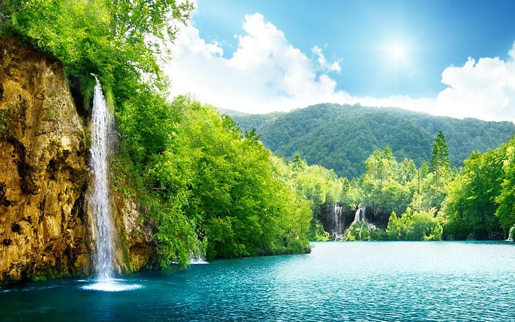 landscape, waterfall, cliff, lake, forest, HD wallpaper