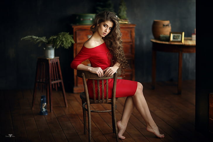 women, chair, portrait, red dress, sitting, Dmitry Arhar, curly hair