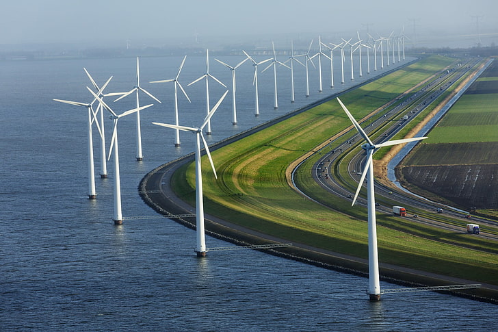 white windmills, white windmill lot, Netherlands, road, sea, car