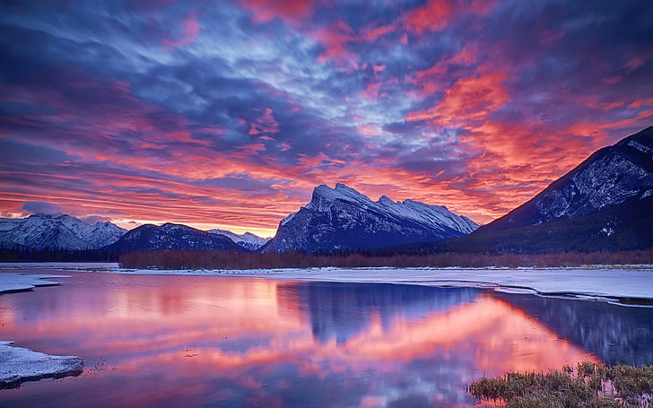 HD wallpaper: Winter, snow, lake, sky, clouds, sunset, glow, mountain |  Wallpaper Flare