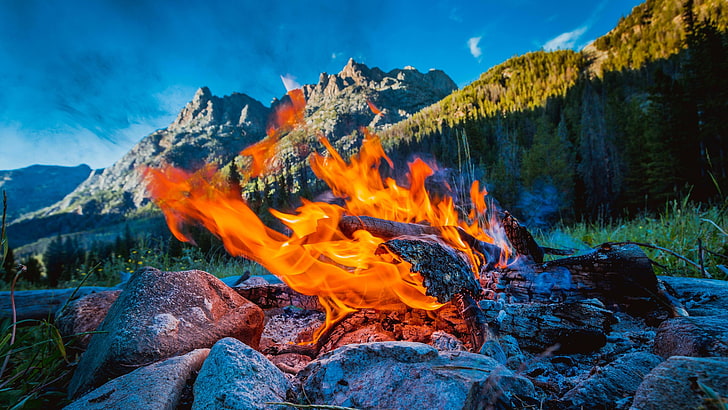 bonfire, campfire, 5k uhd, nature, mountain, valley, heat - temperature