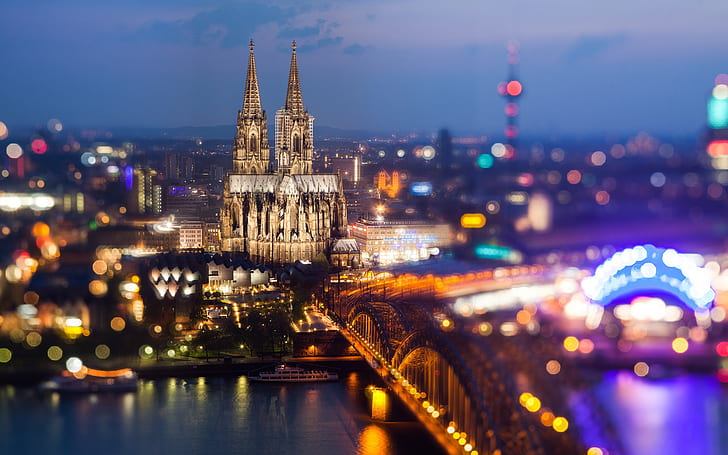 Cologne, Germany, Cologne Cathedral, Rhein river, bridge, city night lights