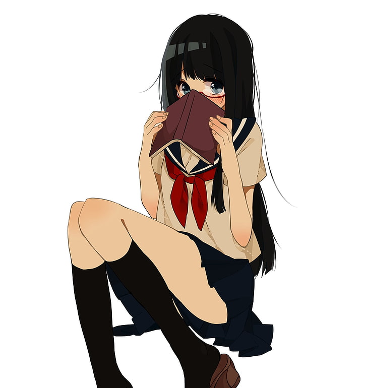 anime girls, shy, school uniform, books, white background, one person