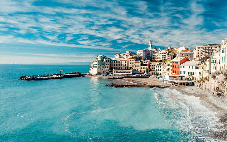 Italy, Cinque Terre, sea, shore, coast, pier, houses, sky, clouds, HD wallpaper