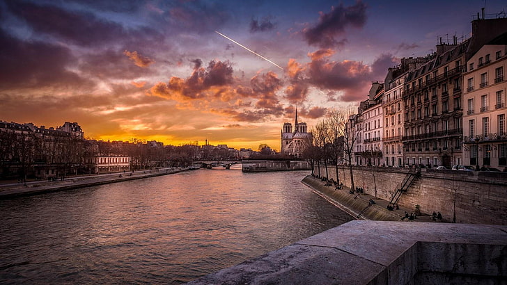 sky, waterway, cloud, paris, sunset, france, dusk, cityscape, HD wallpaper