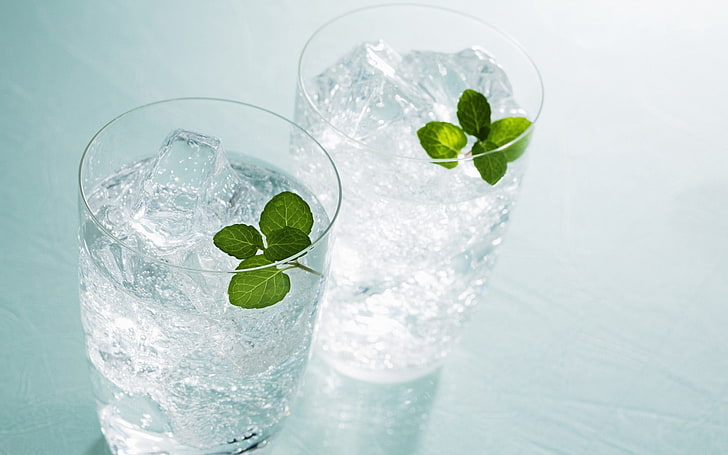 two clear drinking glasses, water, mint, ice, cocktail, cold - Temperature