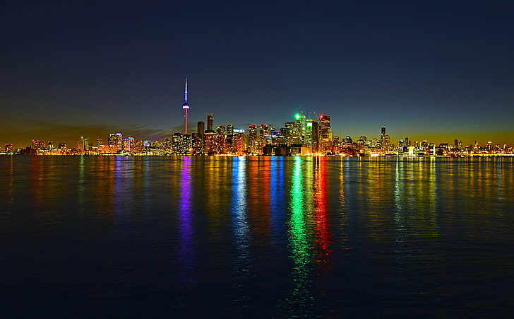 Toronto Skyline at Night, black and gray high-rise buildings, HD wallpaper