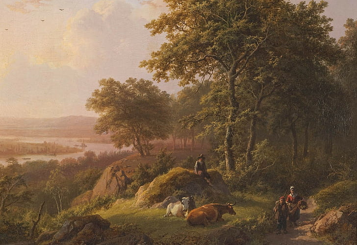 painting, peasants, landscape, classic art, cow, rock, trees