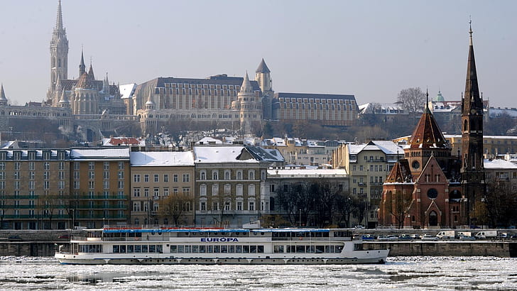 winter, snow, river, Hungary, Budapest, tower, cruise ship, HD wallpaper